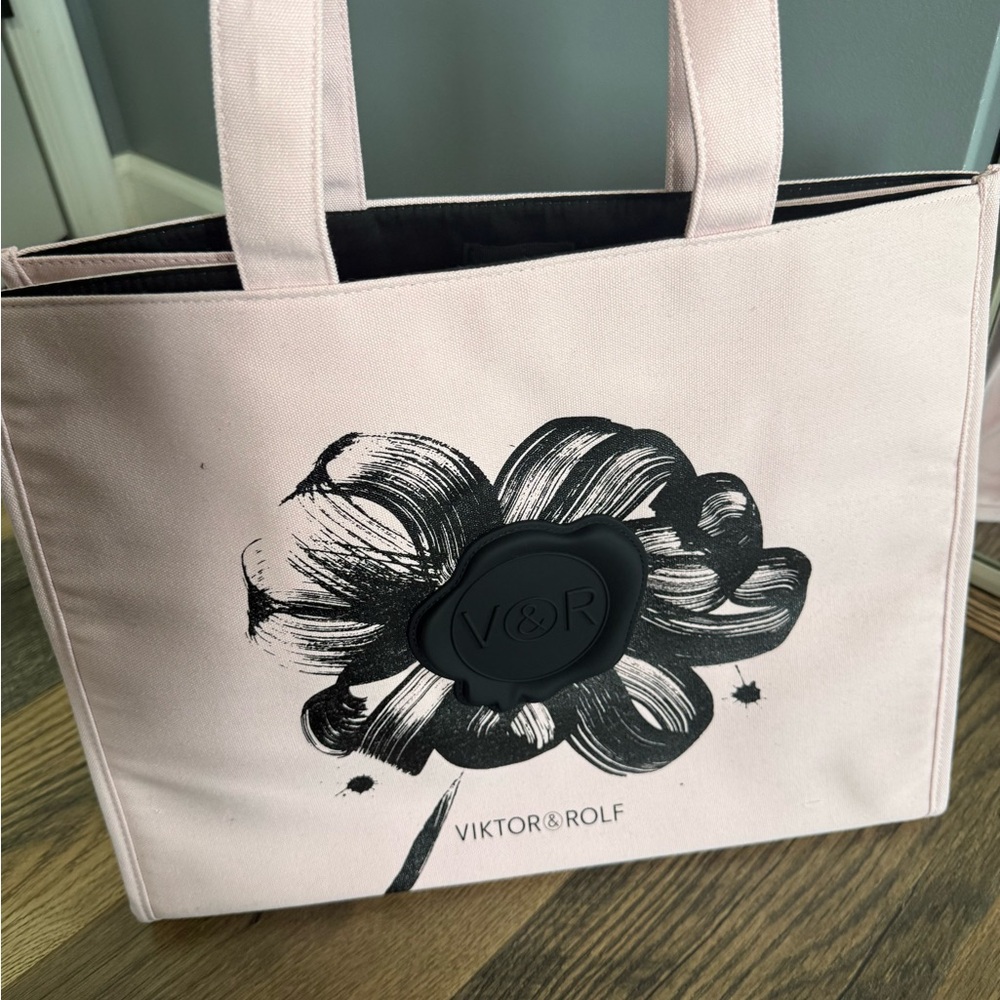 Viktor & Rolf Pale Pink Canvas Tote with Black Floral Motif 15x8x12